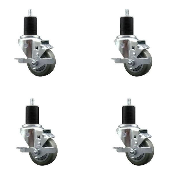 3'' SS Gray Poly Swivel 1-3/4'' Expanding Stem Caster Set with Brake, 4PK